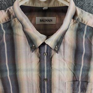 Balmain Long Sleeve Button Up Shirt Men Designer Plid Size 6 Colorful Cotton